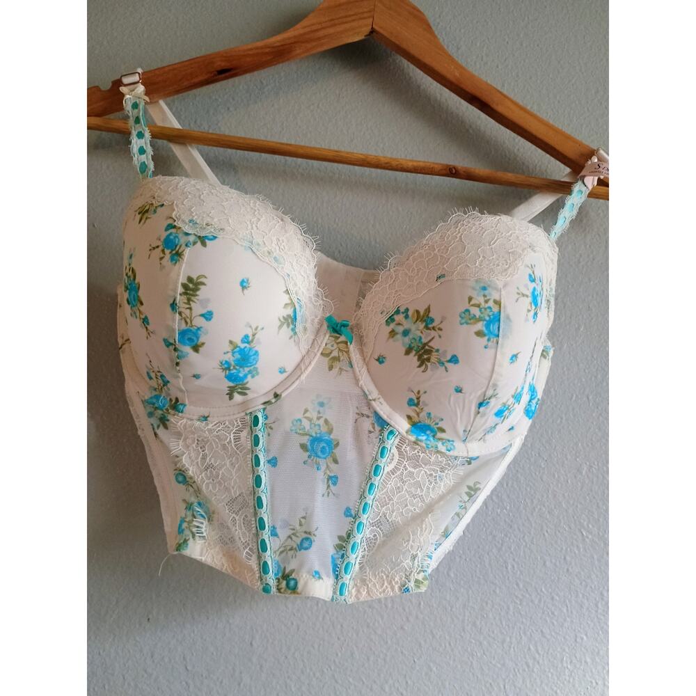 Victoria's Secret Dream Angels blue floral and white lace corset top DD